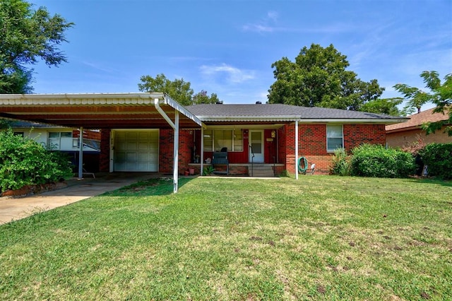 single story home featuring a carport, a porch, a garage, and a front yard