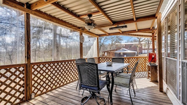 snow covered deck with ceiling fan