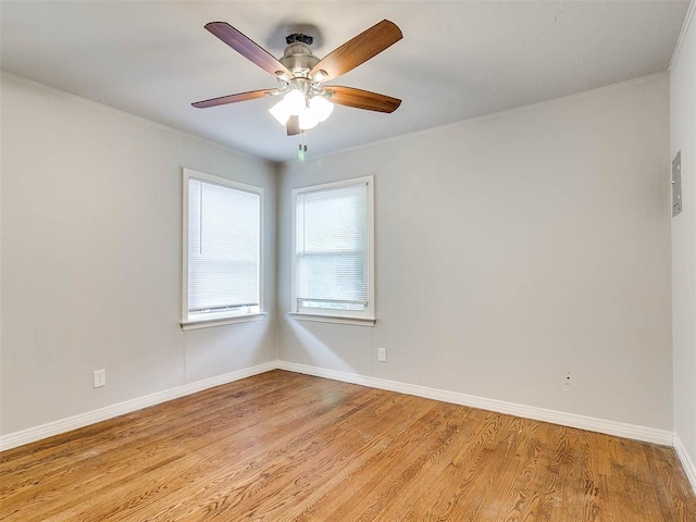 spare room with light hardwood / wood-style floors and ceiling fan