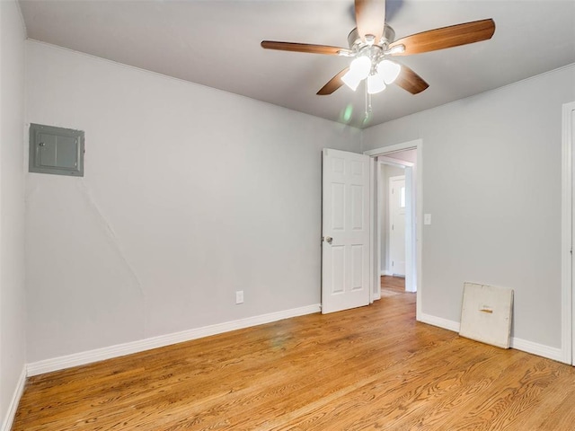 unfurnished room featuring ceiling fan, light hardwood / wood-style floors, and electric panel