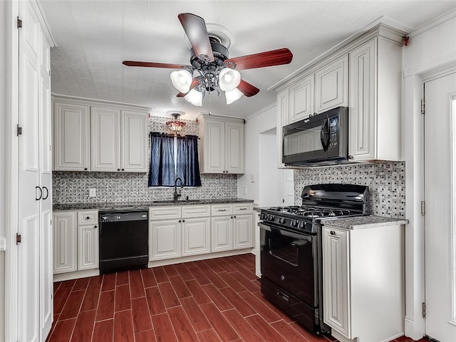 kitchen with black appliances, dark hardwood / wood-style floors, decorative backsplash, and sink