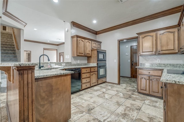 kitchen with black appliances, sink, light stone countertops, ornamental molding, and kitchen peninsula