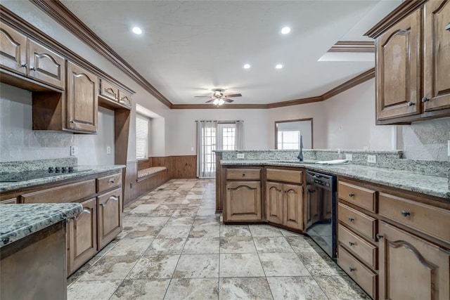 kitchen with black appliances, sink, crown molding, and french doors