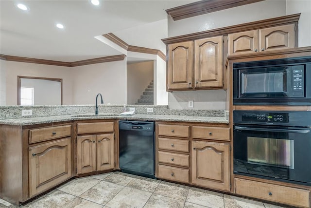 kitchen featuring sink, light stone counters, crown molding, and black appliances