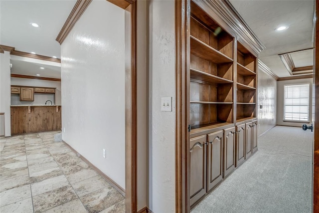 corridor with crown molding and light colored carpet