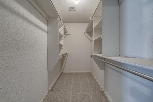 walk in closet featuring light carpet