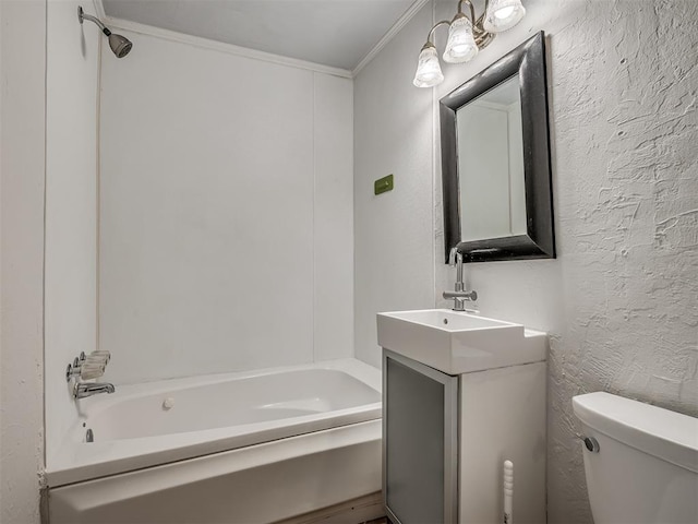 full bathroom featuring crown molding, vanity, shower / bathtub combination, and toilet