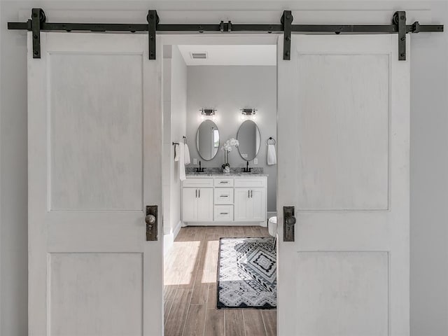 bathroom with vanity and wood-type flooring