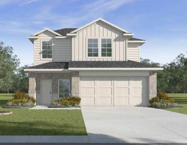 view of front of home with brick siding, concrete driveway, board and batten siding, a garage, and a front lawn