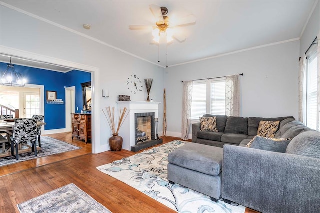 living room with hardwood / wood-style floors, ceiling fan with notable chandelier, and crown molding