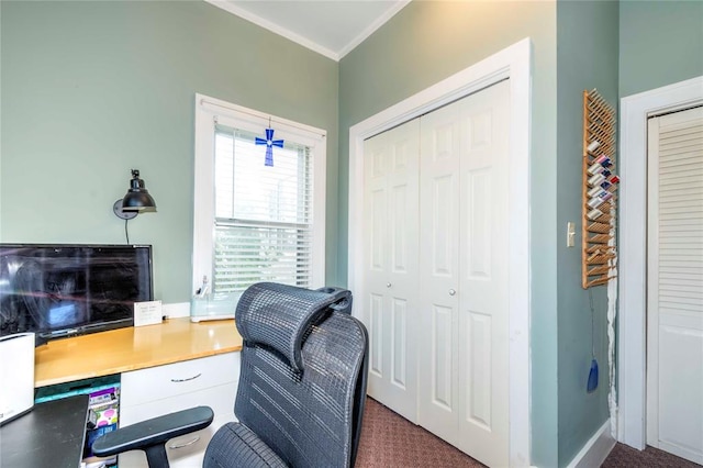 carpeted office featuring crown molding