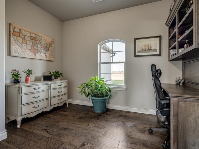 home office with dark hardwood / wood-style flooring