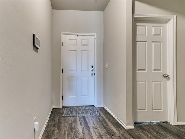 doorway with dark wood-type flooring