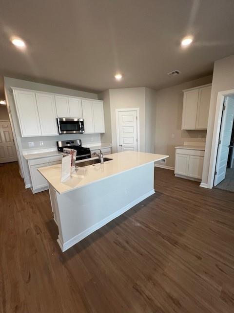 kitchen featuring white cabinetry, stainless steel appliances, sink, and an island with sink