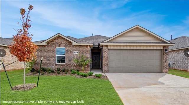 ranch-style home featuring a garage and a front lawn