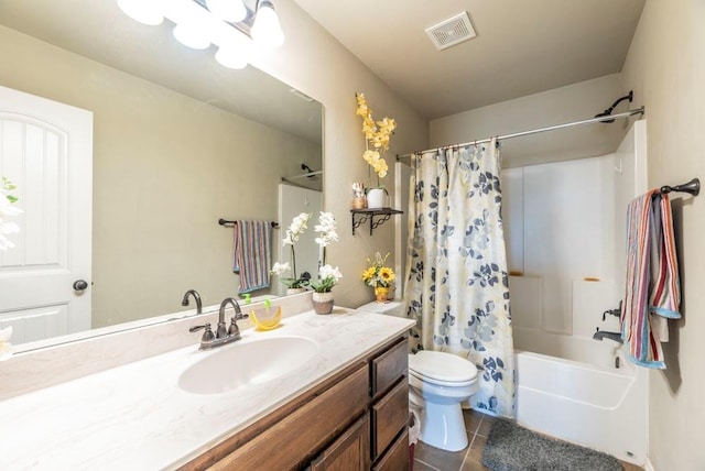 full bathroom with toilet, vanity, tile patterned floors, and shower / bath combo with shower curtain