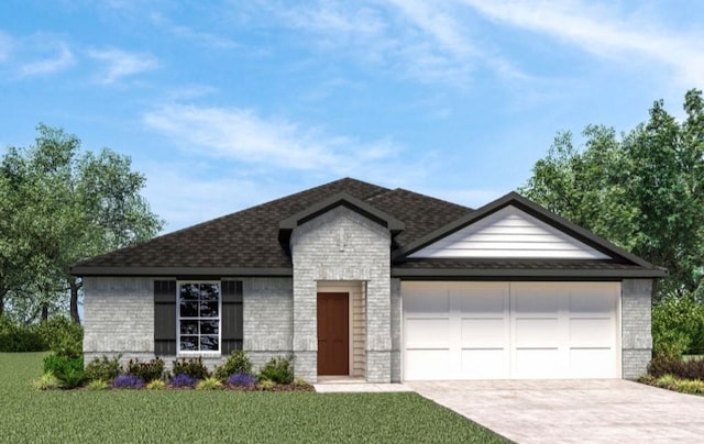 view of front of house featuring a front lawn, concrete driveway, brick siding, and an attached garage