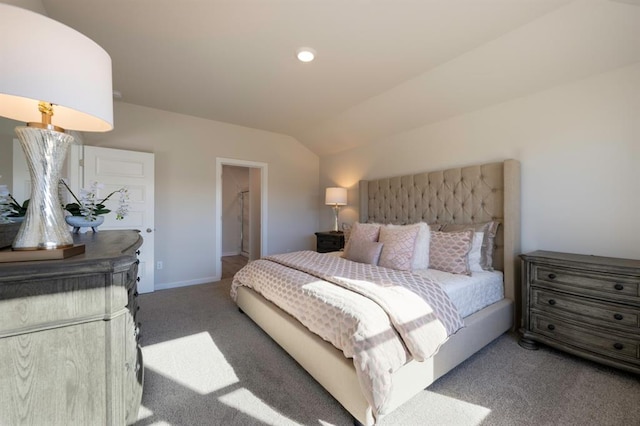 bedroom featuring lofted ceiling, baseboards, carpet flooring, and recessed lighting