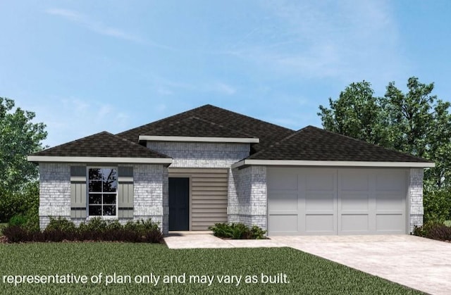 view of front facade with a garage, a shingled roof, concrete driveway, a front lawn, and brick siding