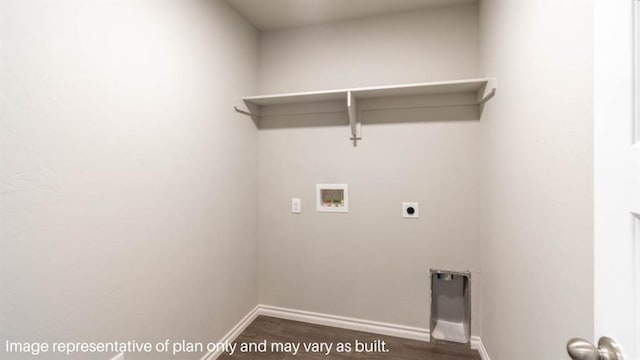 washroom featuring hookup for a washing machine, hookup for an electric dryer, laundry area, baseboards, and dark wood-style floors