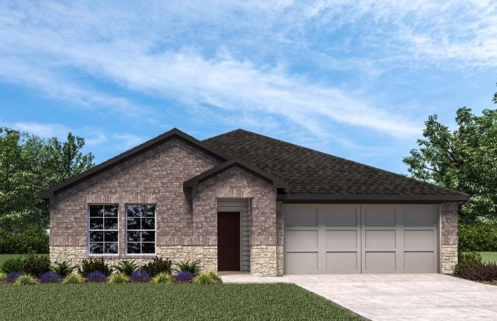 2025 SW 45th St, Lawton, OK 73505 - view of front of home featuring concrete driveway, an attached garage, stone siding, and brick siding