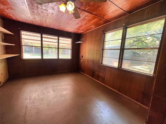 empty room featuring wooden ceiling, ceiling fan, and wooden walls