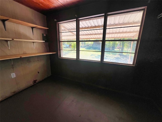 empty room with wood walls, a healthy amount of sunlight, and wooden ceiling