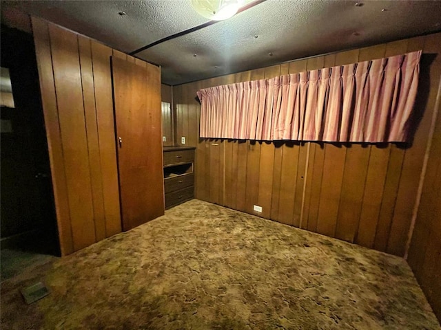 interior space featuring carpet flooring, a textured ceiling, and wooden walls