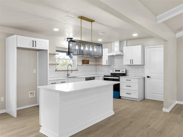 kitchen with white cabinets, pendant lighting, electric range, and a center island