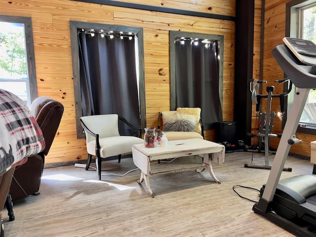 interior space featuring access to outside, wood walls, and light wood-type flooring