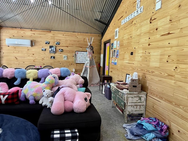 interior space featuring carpet flooring, a wall mounted air conditioner, lofted ceiling, and wood walls