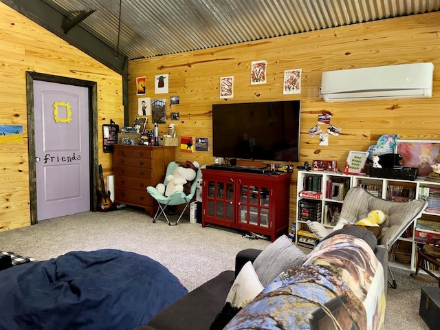 living room featuring a wall mounted air conditioner, wood walls, carpet, and vaulted ceiling
