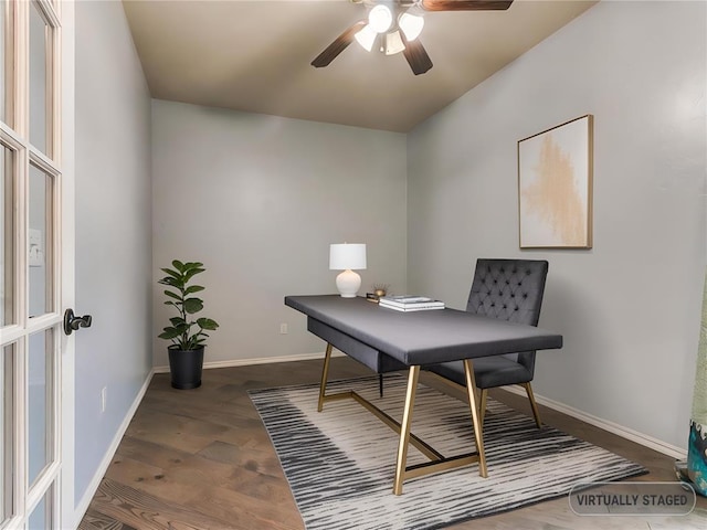 office area featuring ceiling fan and dark hardwood / wood-style floors