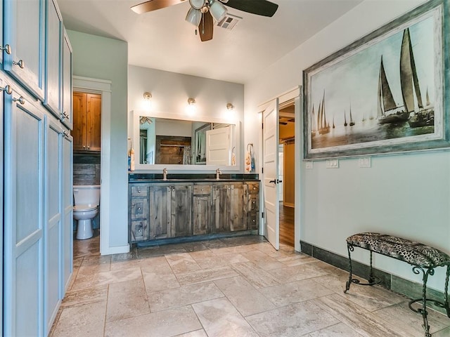 bathroom with vanity, toilet, and ceiling fan