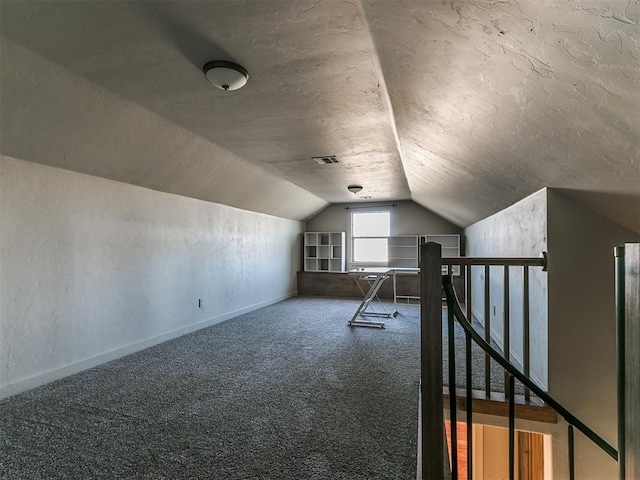 additional living space with a textured ceiling, lofted ceiling, and carpet floors