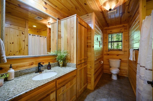 bathroom featuring wooden walls, vanity, wood ceiling, and toilet