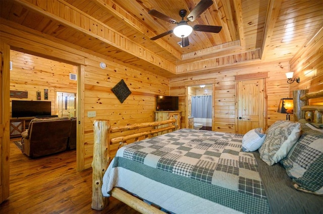 bedroom with hardwood / wood-style floors, ceiling fan, wooden ceiling, and wooden walls