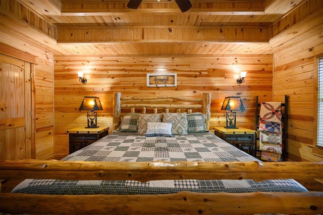 bedroom featuring beamed ceiling, wood ceiling, and wooden walls