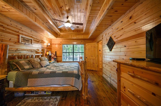 bedroom with ceiling fan, wooden walls, wood ceiling, and dark hardwood / wood-style floors