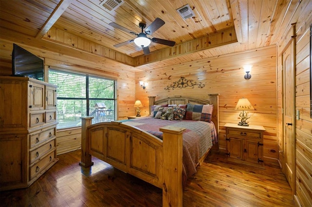 bedroom with hardwood / wood-style flooring, ceiling fan, wooden walls, and wood ceiling