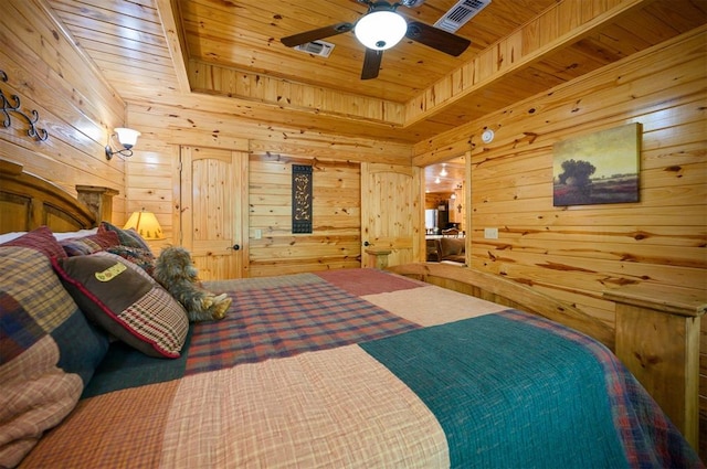 bedroom with wooden ceiling, ceiling fan, and wooden walls