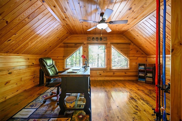 home office featuring wood walls, wood-type flooring, wood ceiling, and vaulted ceiling