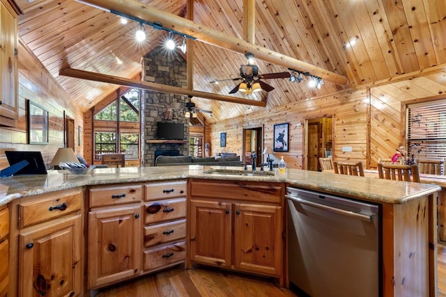 kitchen with sink, stainless steel dishwasher, kitchen peninsula, wooden walls, and wood ceiling