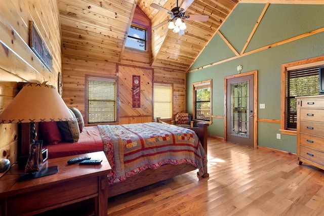 bedroom with ceiling fan, wooden walls, wood-type flooring, high vaulted ceiling, and wooden ceiling