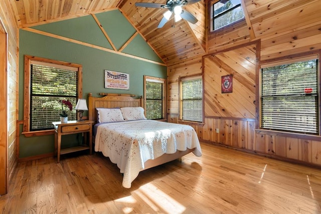 bedroom featuring ceiling fan, wooden ceiling, light hardwood / wood-style flooring, and multiple windows