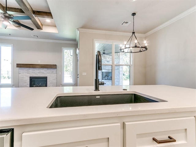 kitchen featuring sink, a healthy amount of sunlight, and ornamental molding