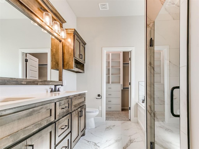 bathroom featuring vanity, toilet, and a shower with door