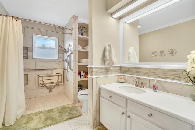 bathroom featuring a shower with shower curtain, vanity, tile walls, tile patterned flooring, and toilet