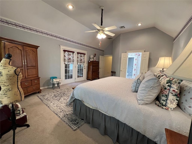 bedroom with visible vents, light colored carpet, ceiling fan, vaulted ceiling, and recessed lighting