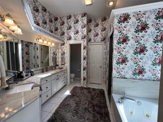 full bathroom with double vanity, tile patterned floors, a sink, and wallpapered walls